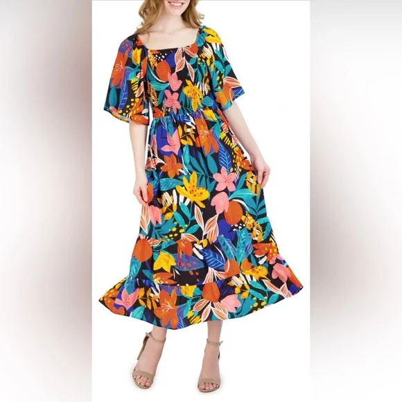 NWT Nordstrom Robbie Bee Floral Smocked Maxi Dress Small Multi Black - Picture 2 of 4